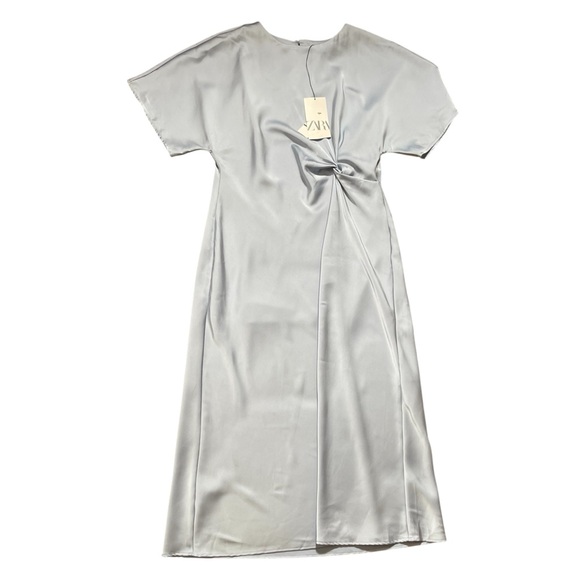 ZARA Blue Satin Midi Dress Twist Knot Waist Slip Dress XL Elegant Minimalist - Picture 7 of 10